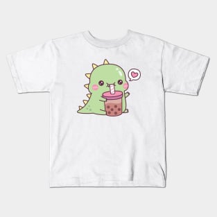 Cute Dino Loves Boba Tea Kids T-Shirt